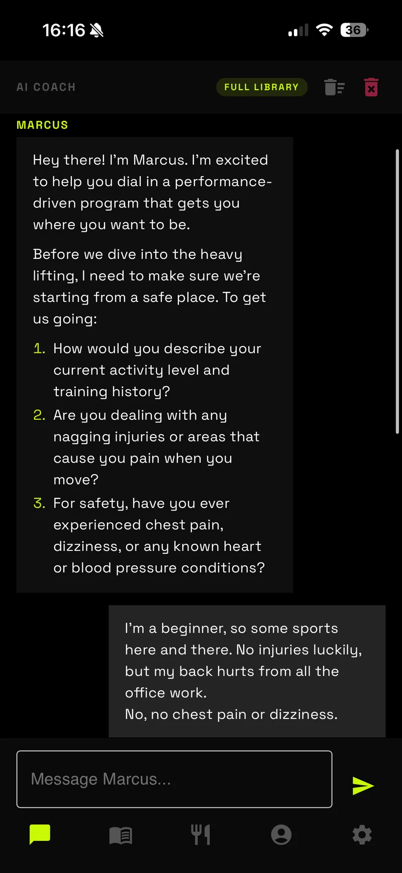 Aizy coach chat — Marcus asking about activity level and safety