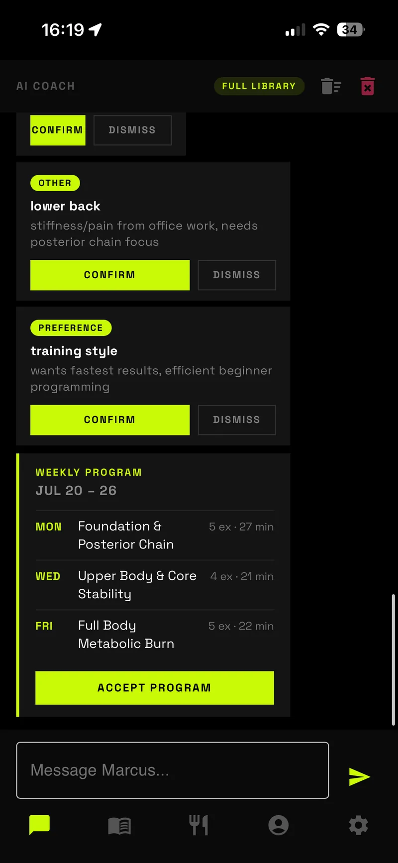 Aizy weekly program — days with sessions and personalization cards